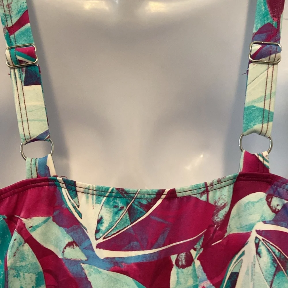 Denim & Co. Beach V Neck Handkerchief Hem Swim Dress Aqua Abstract Palm 10 New - Picture 6 of 15